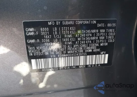 2025 Subaru Ascent Premium 7-Passenger z USA, uszkodzony, nr VIN 4S4WMADDXS3439155